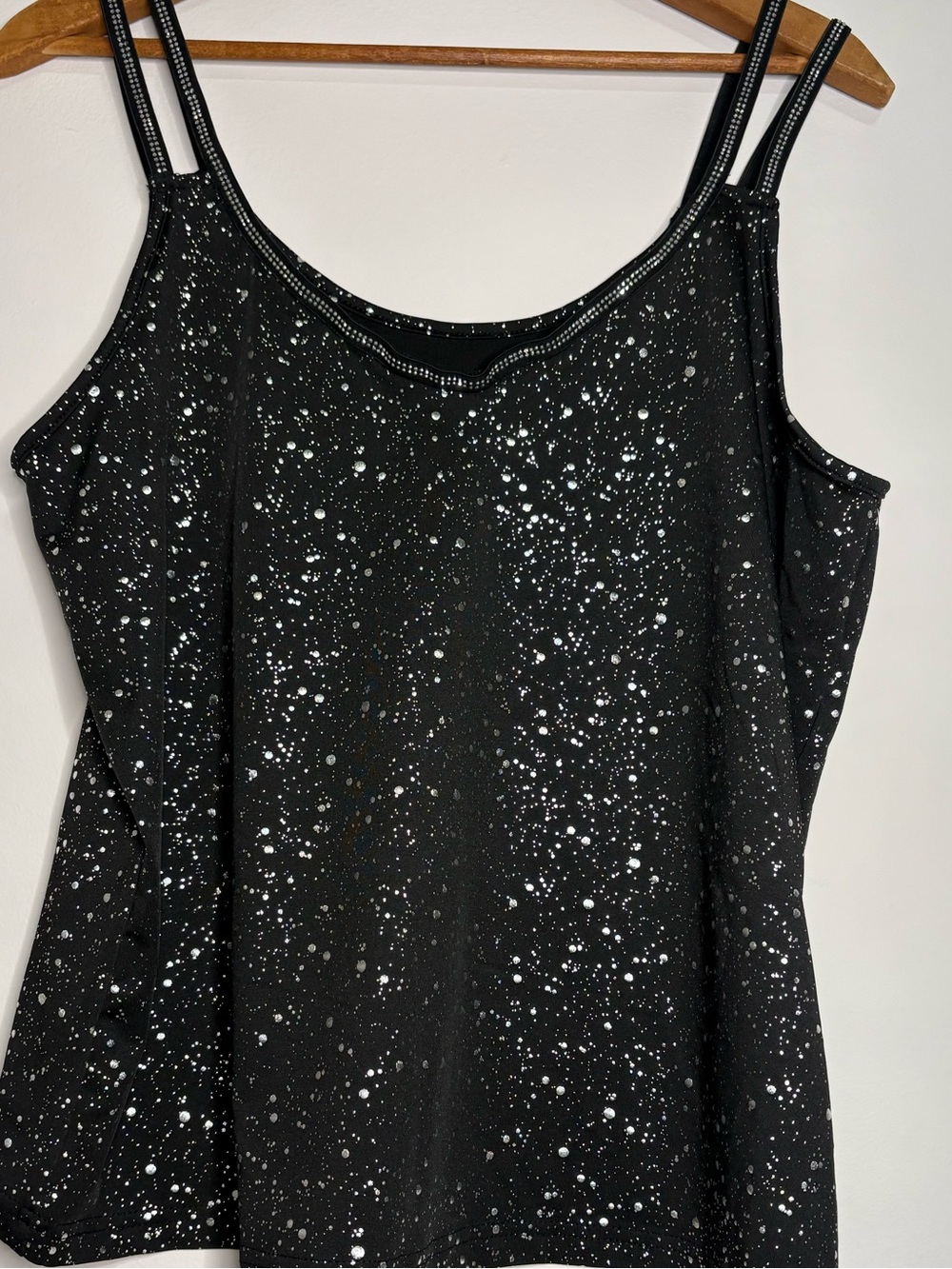Black Speckled Spaghetti-Strap Tank Top W/Rhinestone Detail